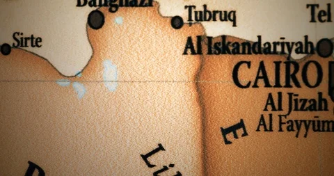 Closeup Old Vintage World map. Focusing on  North Africa, Egypt Cairo Stock Footage 118342785