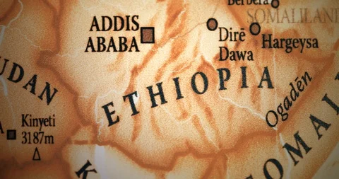 Closeup Old Vintage World map. Focusing on East Africa, Ethiopia Stock Footage