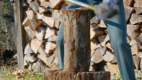 Closeup of an Older Man Chopping Logs into Firewood in 4k Stock Footage 85873230