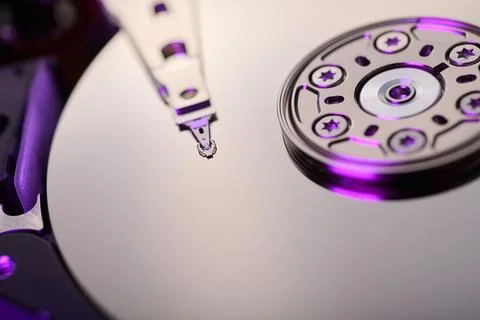 Closeup of an open computer hard drive. Foto stock