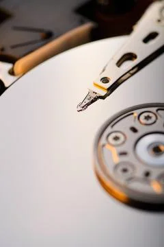 Closeup of an open computer hard drive. Stock Photos