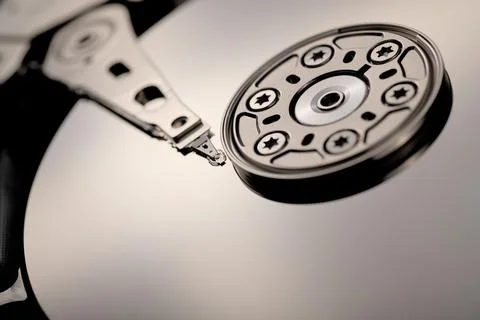 Closeup of an open computer hard drive. Stock Photos