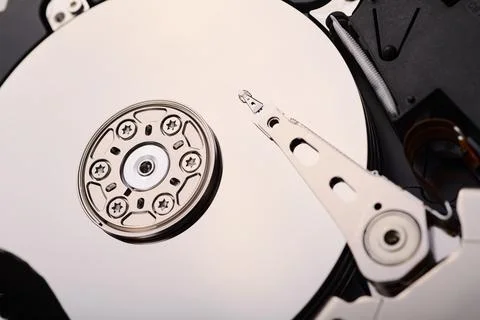 Closeup of an open computer hard drive. Stock Photos