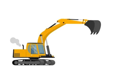 Closeup orange construction excavator with big shovel. Isolated on white. Stock Illustration