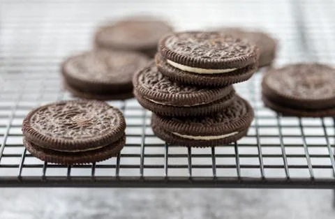 Closeup of Oreo biscuits on a baking rack Stock Photos