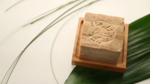 Closeup on organic soap set on leaf Stock Footage 14831610