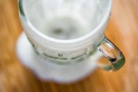 Closeup overhead view of empty fresh kefir probiotik drink on kitchen table Stock-Fotos