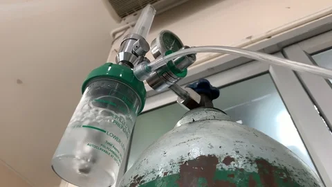 Closeup of oxygen humidifier bottle. Oxygen tank. Stock Footage 110706084