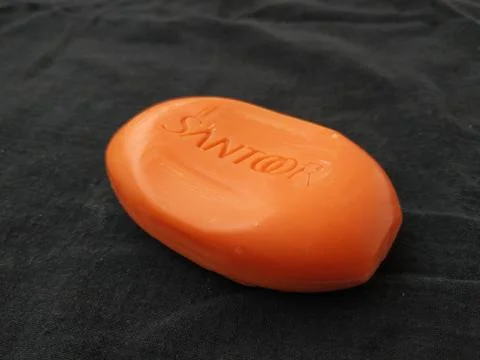 Closeup Pack Closed and Opened Santoor Sandal and Turmeric Soap isolated on.. Stock Photos