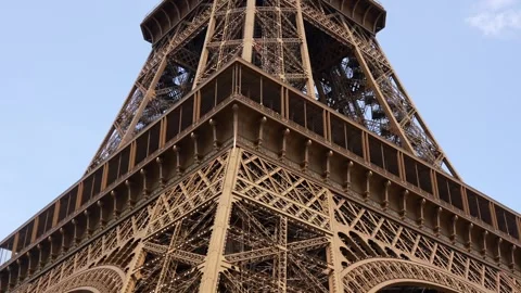 Closeup panoramic view of Eiffel Tower base Paris France Stock Footage 314980018