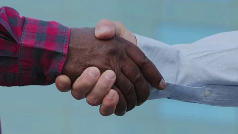 Closeup part of human body two men african and caucasian businessmen shake hands Stock Footage 163477860