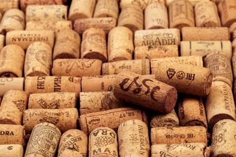 Closeup pattern background of many different wine corks with dates and drops  Stock Photos