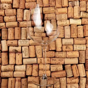 Closeup pattern background of many different wine corks with dates and drops  Stock Photos