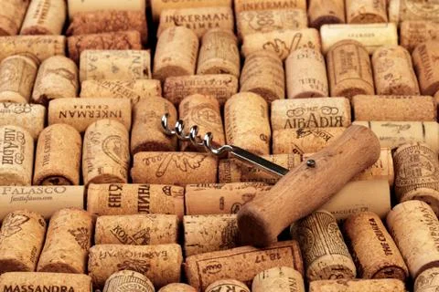Closeup pattern background of many different wine corks with dates and drops  Stock Photos