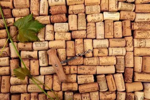 Closeup pattern background of many different wine corks with dates and drops  Stock Photos