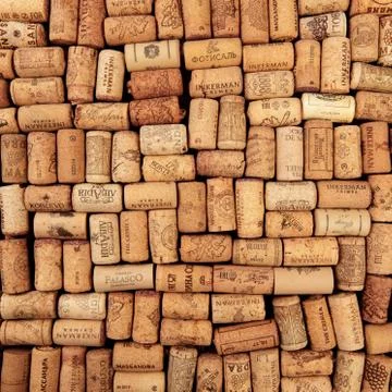 Closeup pattern background of many different wine corks with dates and drops  Stock Photos