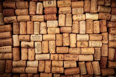 Closeup pattern background of many different wine corks with dates and drops  Stock Photos