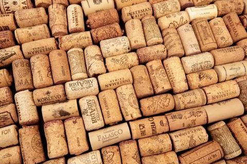 Closeup pattern background of many different wine corks with dates and drops  Stock Photos