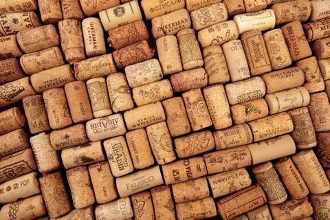 Closeup pattern background of many different wine corks with dates and drops  Stock Photos