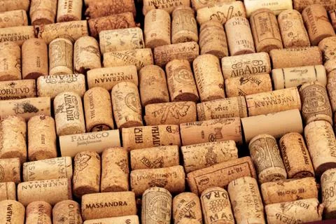 Closeup pattern background of many different wine corks with dates and drops  Stock Photos
