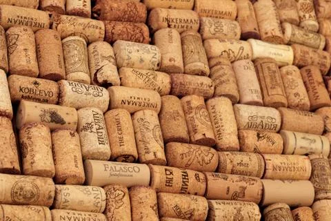 Closeup pattern background of many different wine corks with dates and drops  Stock Photos