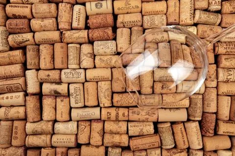 Closeup pattern background of many different wine corks with dates and drops  Stock Photos
