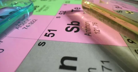 Closeup of periodic table of elements and test tubes with liquids Stock Footage 280788119