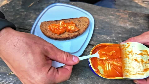 Closeup of person using plastic fork scooping sardines in sauce from can Stock Footage 279130709
