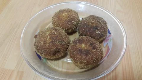 Closeup perspective view of fried pizza bombs or balls are altered form of pi Stock Photos
