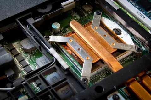 Closeup photo of the processor (cpu) of the laptop Stock Photos