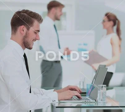 Closeup photo young business managers working with new startup p Stock Photos