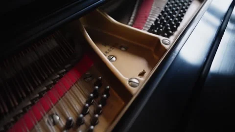 Closeup of piano strings and tuning pins inside a grand piano with soft natural Video stock 309513330