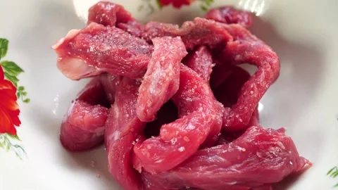Closeup piece of pork meat preparing for Asian style lunch Stock Footage 142554014