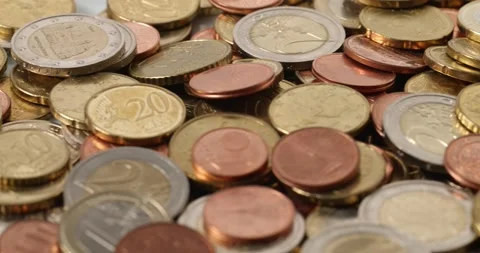 Closeup of pile of Money. Different type of Euro coins. 스톡 동영상 147928736