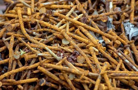 Closeup of a pile of sharp, rusty nails Stock Photos