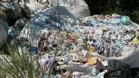 Closeup, pile of trash on the roadside of rural area Stock Footage 157804977