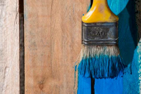 Closeup Of Pine Plank Being Painted In Blue Color Stock Photos