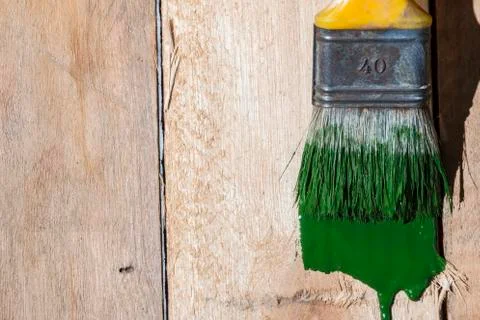 Closeup Of Pine Plank Being Painted In Green Color Stock Photos