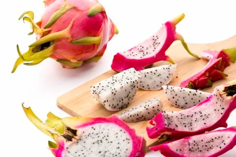 Closeup of pitaya fruit pulp and peeled off skin Stock Photos