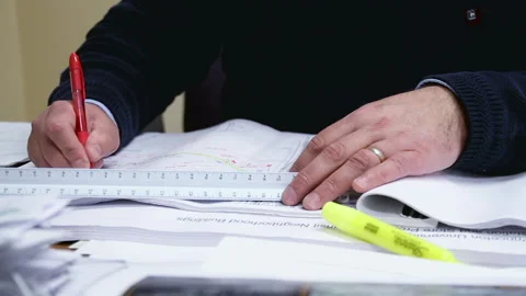 Closeup planning engineer using engineering ruler Stock Footage 239361333