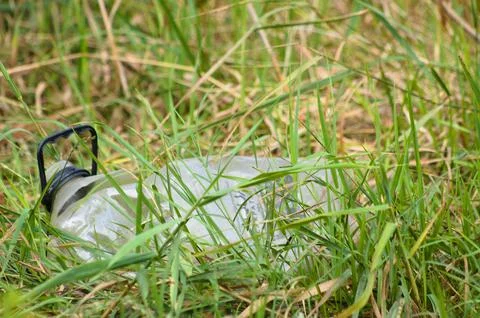 Closeup of plastic can thrown in the grass that pollutes nature Stock Photos