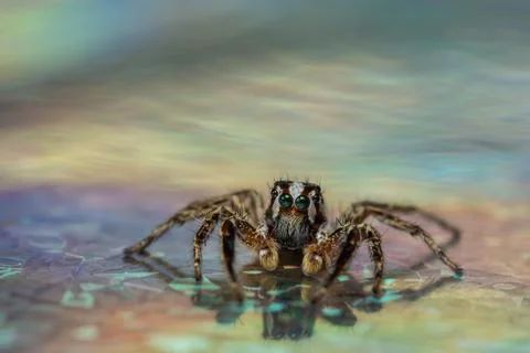 Closeup of Plexippus paykulli, pantropical jumping spider against the blurry bac Stock Photos