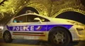 Closeup of police car under huge iron construction, public safety protection 4k or 4k+ Resolution