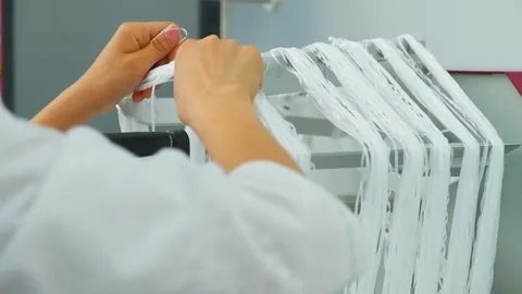 Closeup of polymer thread is removed from winding wheel Stock Footage 202110041