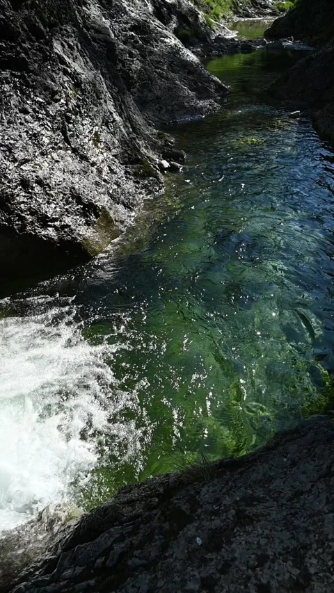 Closeup of a pond inside of a v-shaped valley, vertical shot, slow motion Video stock 260880216
