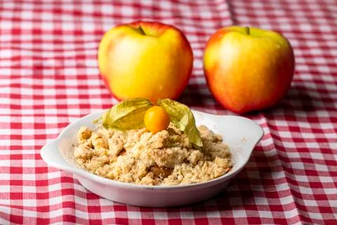 Closeup of a portion of apple crumble Stock Photos