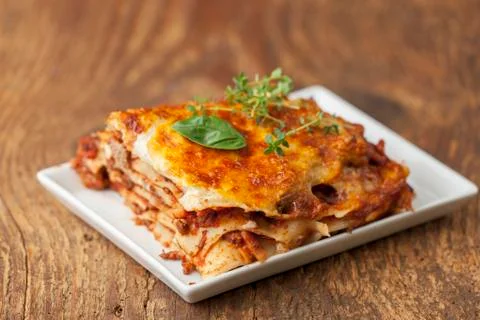 Closeup of a portion of lasagna Stock Photos