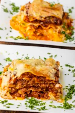 Closeup of a portion of lasagna Stock Photos