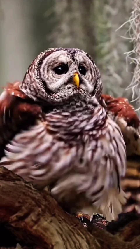 Closeup portrait of a barred owl perched on a tree branch in nature Видео 334635549