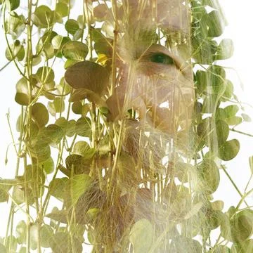 A closeup portrait dissolving into background image in double exposure Foto stock